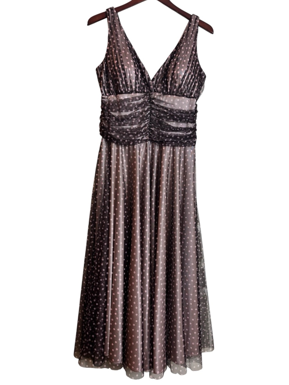 K Studio Collection Mesh Fit & Flare Midi Dress Brown & Pastel Pink Polka Dot 10